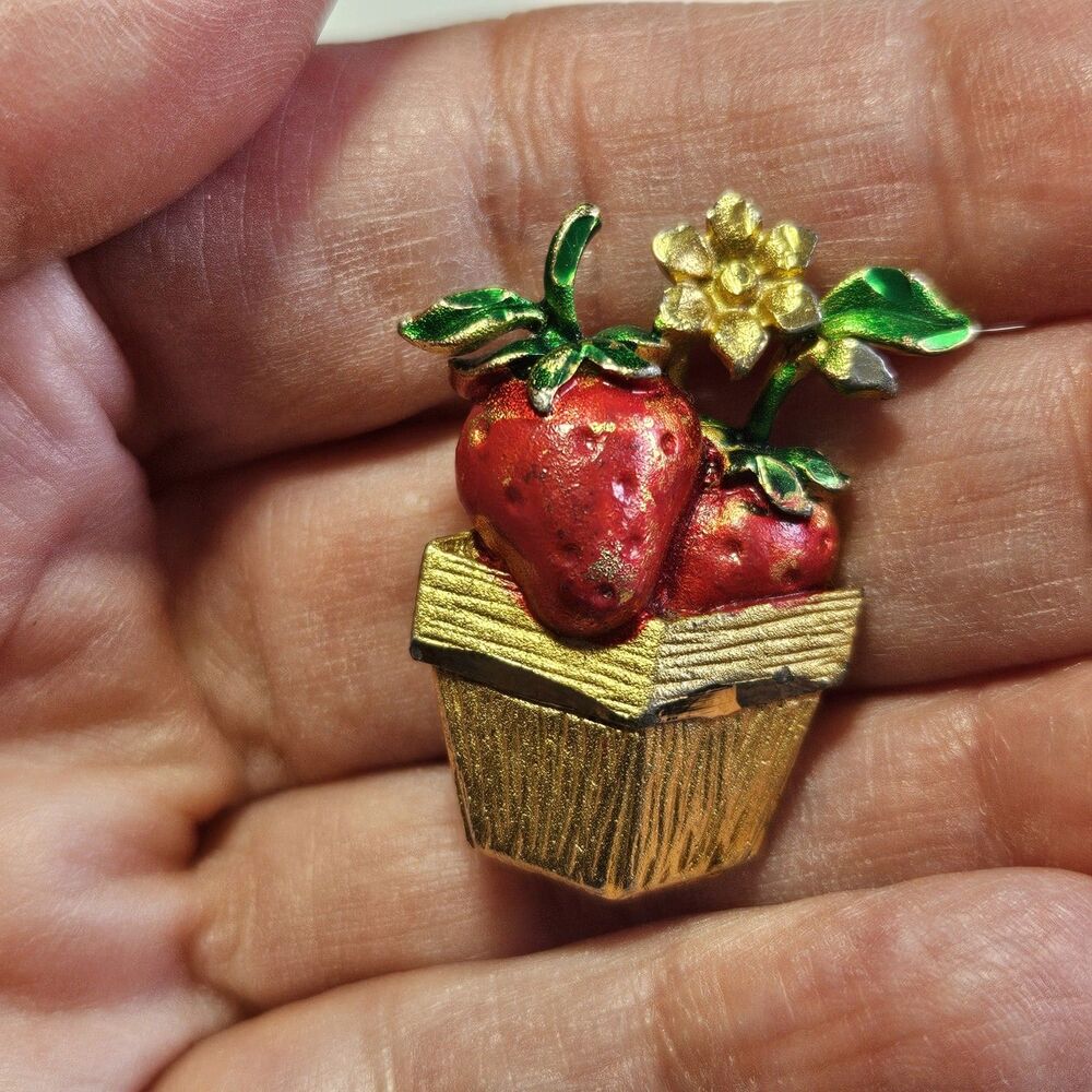 Vintage Gold Tone Red And Green Strawberry Pint Brooch